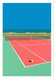 Affiche Sport Retro - Terrain de tennis rose et vert au bord de la mer