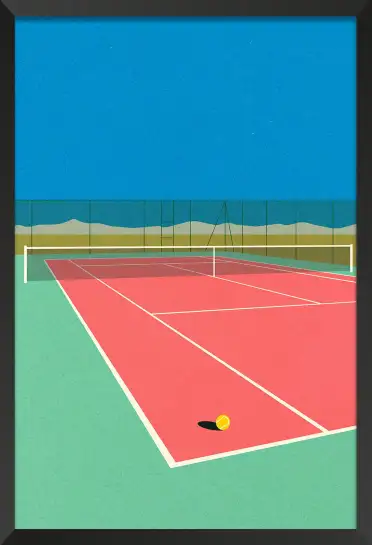 Affiche Sport Retro - Terrain de tennis rose et vert au bord de la mer