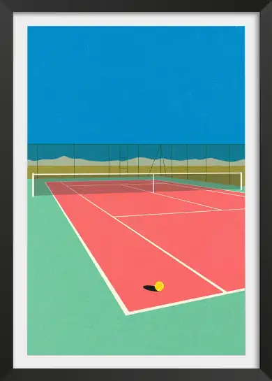 Affiche Sport Retro - Terrain de tennis rose et vert au bord de la mer