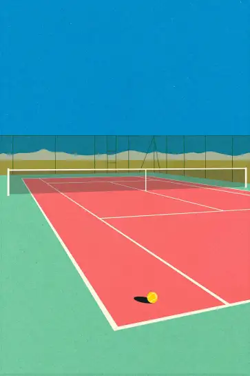 Affiche Sport Retro - Terrain de tennis rose et vert au bord de la mer