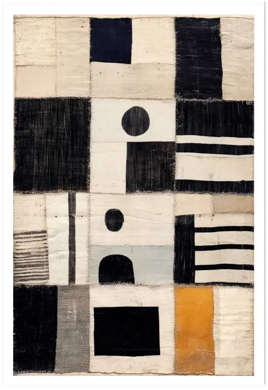Affiche Motif Patchwork - Assemblage géométrique noir et beige
