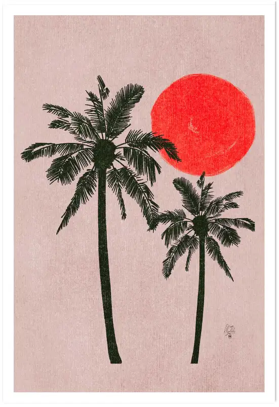 Affiche Tropical Chic - Deux palmiers et soleil rouge vibrant
