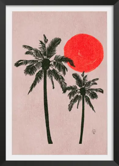 Affiche Tropical Chic - Deux palmiers et soleil rouge vibrant