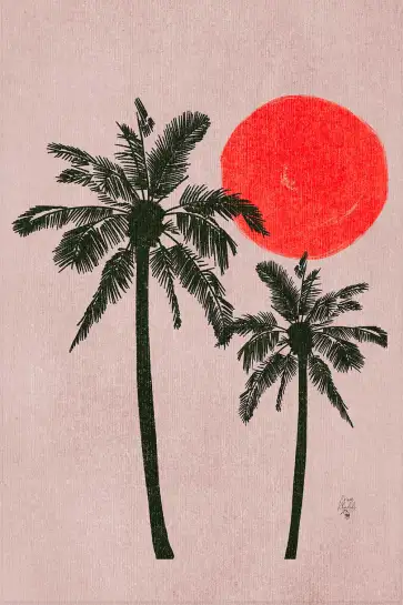 Affiche Tropical Chic - Deux palmiers et soleil rouge vibrant