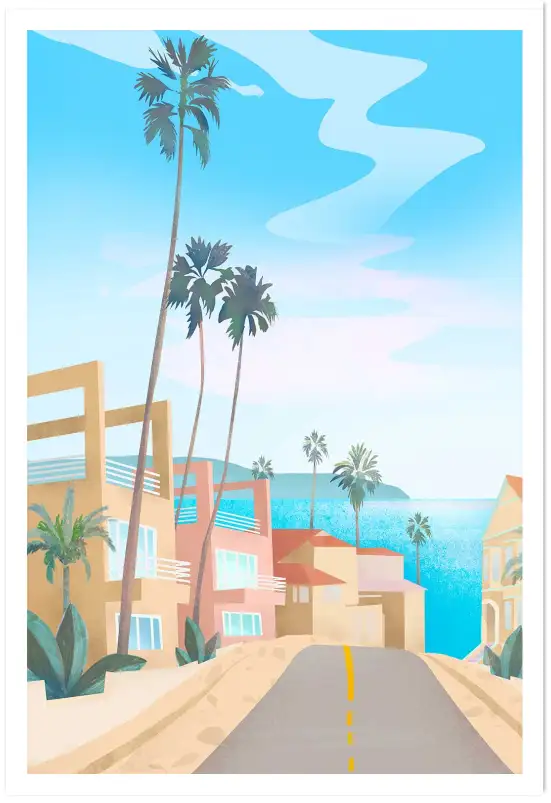 Affiche Route De Californie - Palmiers, villas pastel et vue océan