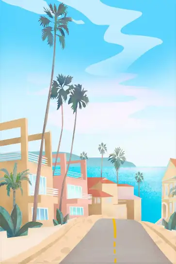 Affiche Route De Californie - Palmiers, villas pastel et vue océan