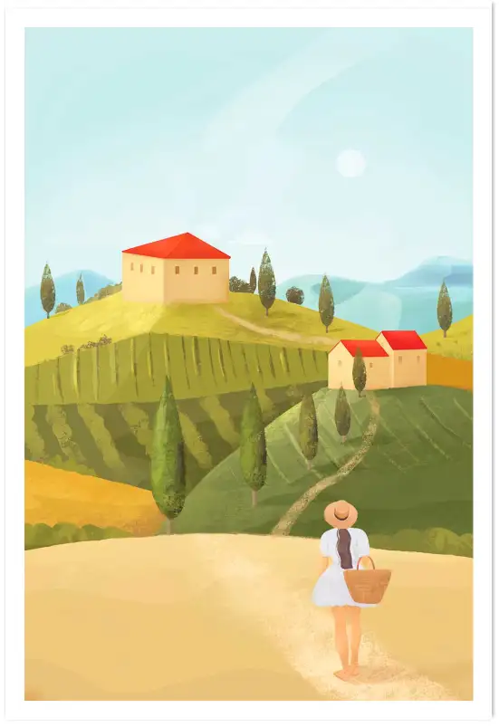 Affiche Toscane - Jeune femme au chapeau dans les collines italiennes