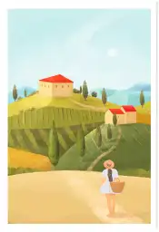 Affiche Toscane - Jeune femme au chapeau dans les collines italiennes