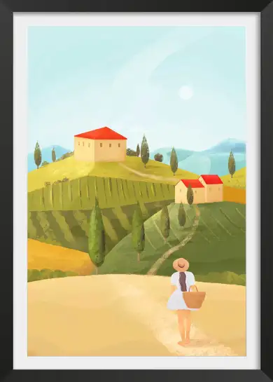 Affiche Toscane - Jeune femme au chapeau dans les collines italiennes