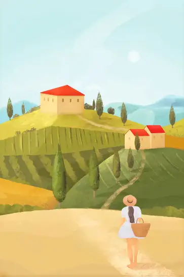 Affiche Toscane - Jeune femme au chapeau dans les collines italiennes