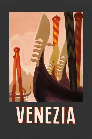 Affiche Italie Vintage - Proues de gondoles à Venise