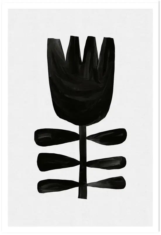 Affiche Botanique Abstrait - Silhouette de fleur noire style linogravure