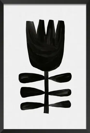 Affiche Botanique Abstrait - Silhouette de fleur noire style linogravure