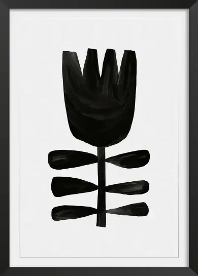 Affiche Botanique Abstrait - Silhouette de fleur noire style linogravure