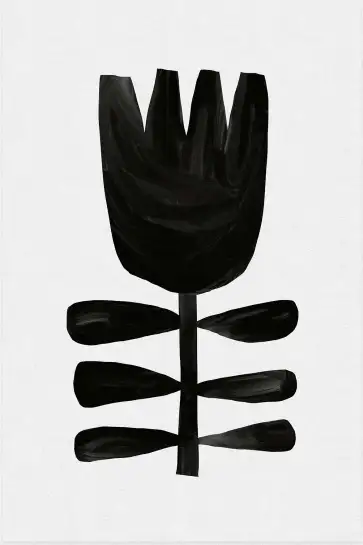 Affiche Botanique Abstrait - Silhouette de fleur noire style linogravure