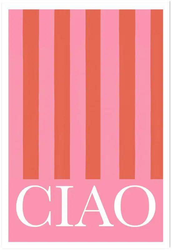 Affiche Typographie Italienne - Ciao sur rayures rose et corail