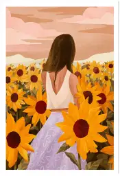 Affiche Champ de Tournesols - Femme de dos au coucher du soleil