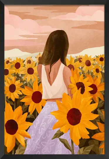 Affiche Champ de Tournesols - Femme de dos au coucher du soleil