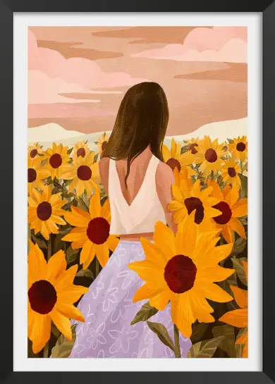 Affiche Champ de Tournesols - Femme de dos au coucher du soleil