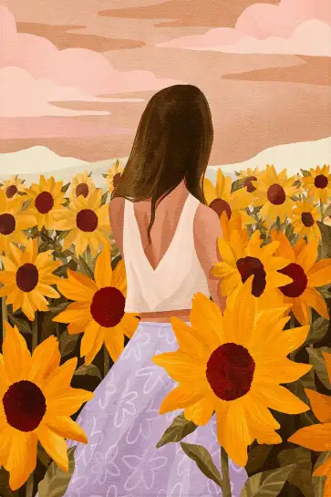 Affiche Champ de Tournesols - Femme de dos au coucher du soleil