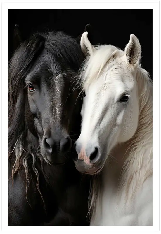 Affiche Chevaux Complices - Portrait de cheval noir et blanc