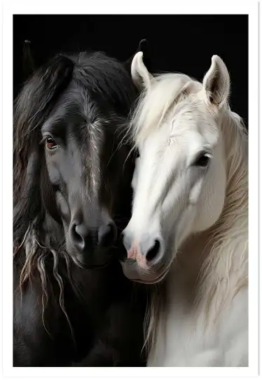 Affiche Chevaux Complices - Portrait de cheval noir et blanc