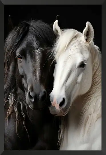 Affiche Chevaux Complices - Portrait de cheval noir et blanc