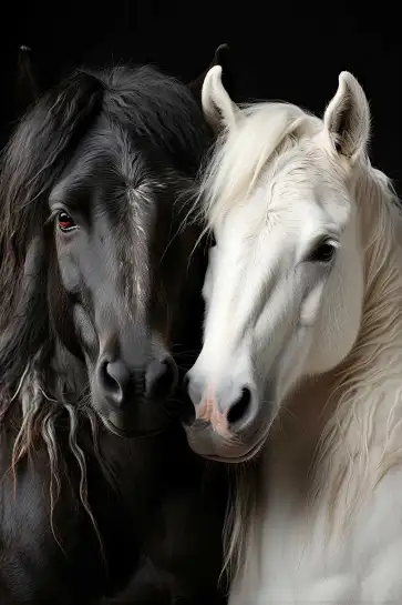Affiche Chevaux Complices - Portrait de cheval noir et blanc