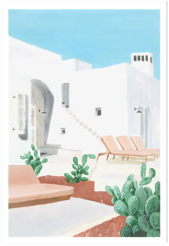 Affiche Maison Grecque - Terrasse ensoleillée et cactus verts