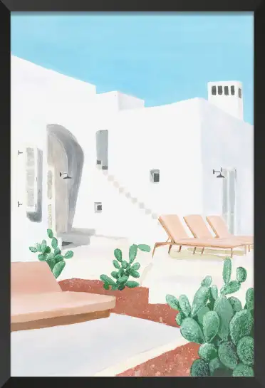 Affiche Maison Grecque - Terrasse ensoleillée et cactus verts