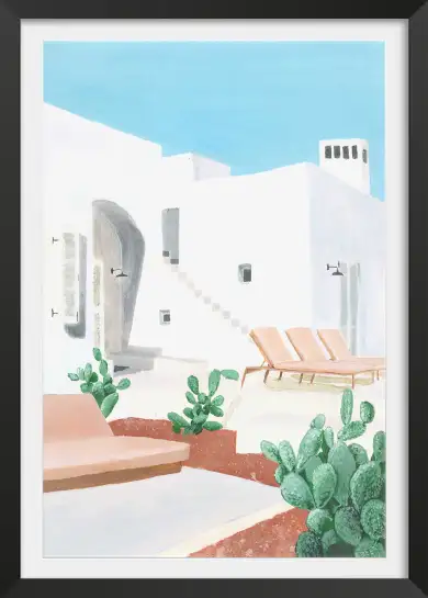 Affiche Maison Grecque - Terrasse ensoleillée et cactus verts