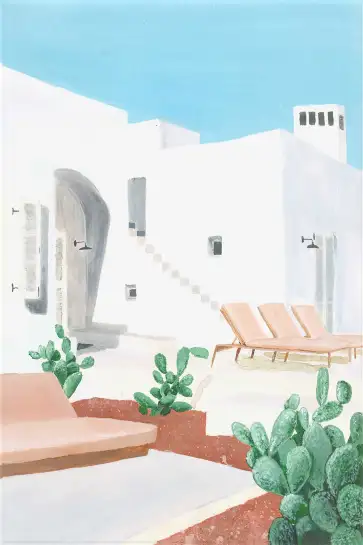 Affiche Maison Grecque - Terrasse ensoleillée et cactus verts