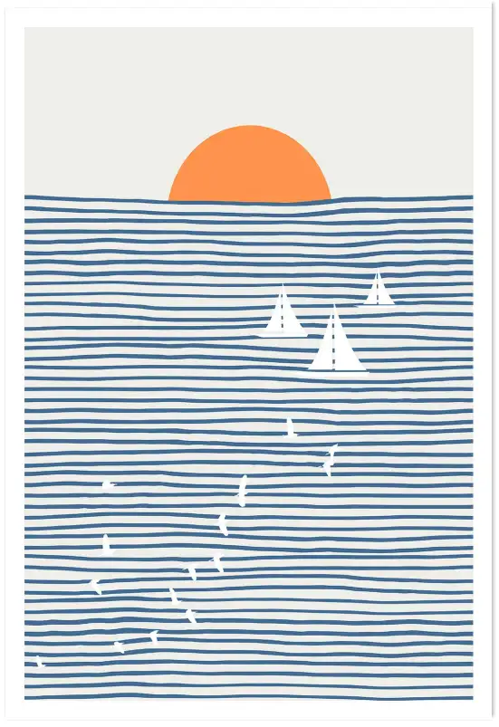 Tableau voiliers et soleil couchant sur la mer