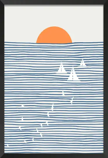 Tableau voiliers et soleil couchant sur la mer