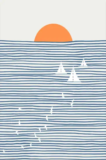 Tableau voiliers et soleil couchant sur la mer