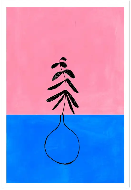 Tableau abstrait vase et branche - Décoration murale rose et bleue