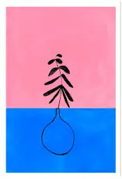Tableau abstrait vase et branche - Décoration murale rose et bleue