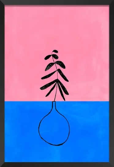 Tableau abstrait vase et branche - Décoration murale rose et bleue
