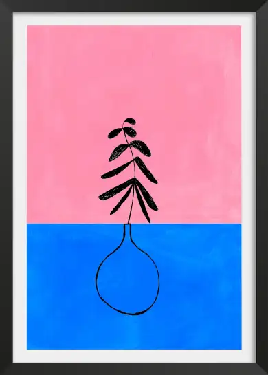 Tableau abstrait vase et branche - Décoration murale rose et bleue