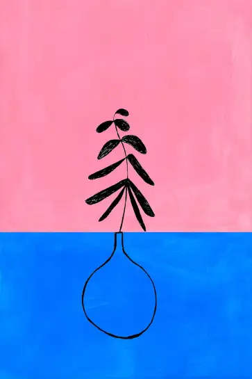 Tableau abstrait vase et branche - Décoration murale rose et bleue