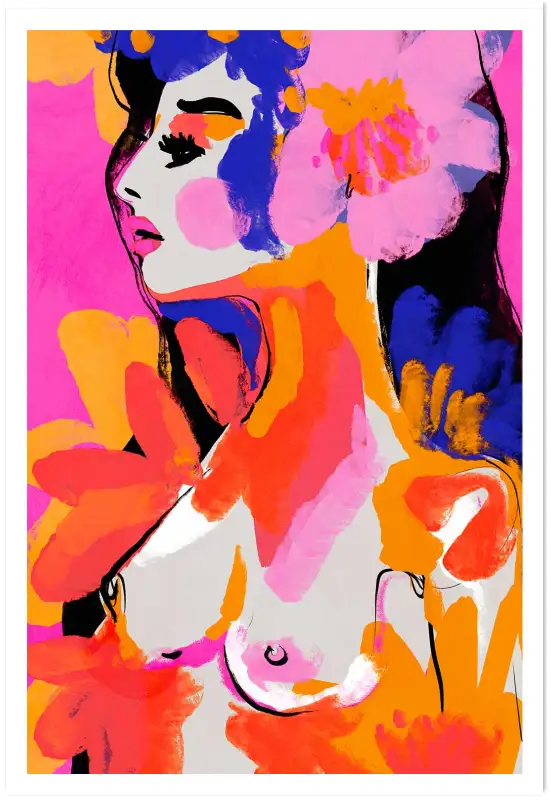 Tableau portrait féminin floraison colorée
