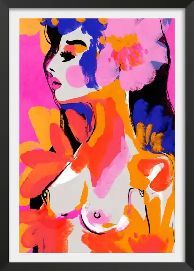Tableau portrait féminin floraison colorée
