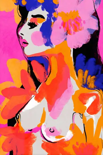 Tableau portrait féminin floraison colorée