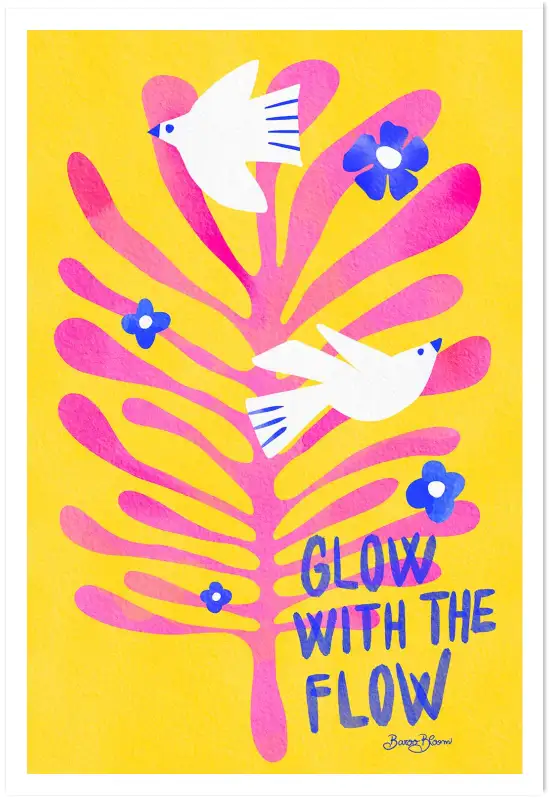 Affiche typographique pop avec colombes et feuillage rose