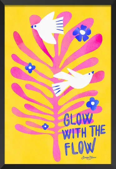 Affiche typographique pop avec colombes et feuillage rose