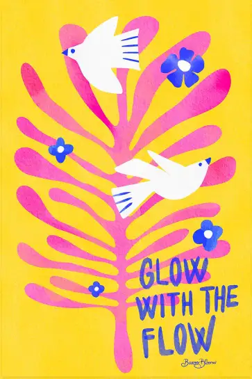 Affiche typographique pop avec colombes et feuillage rose