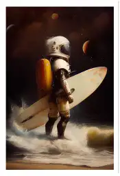 Affiche astronome surfeur et planètes