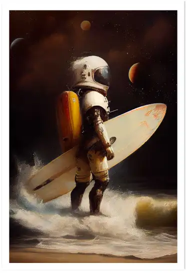 Affiche astronome surfeur et planètes