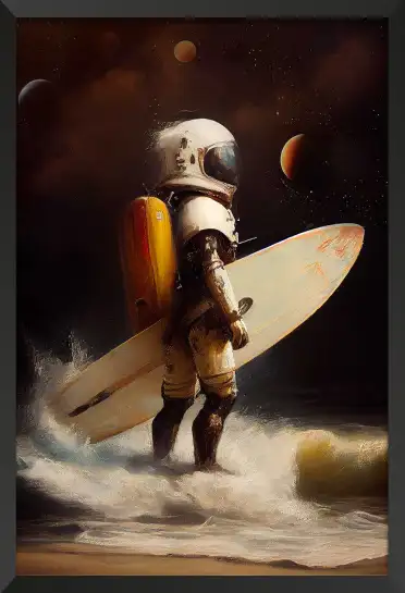 Affiche astronome surfeur et planètes