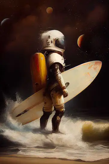 Affiche astronome surfeur et planètes